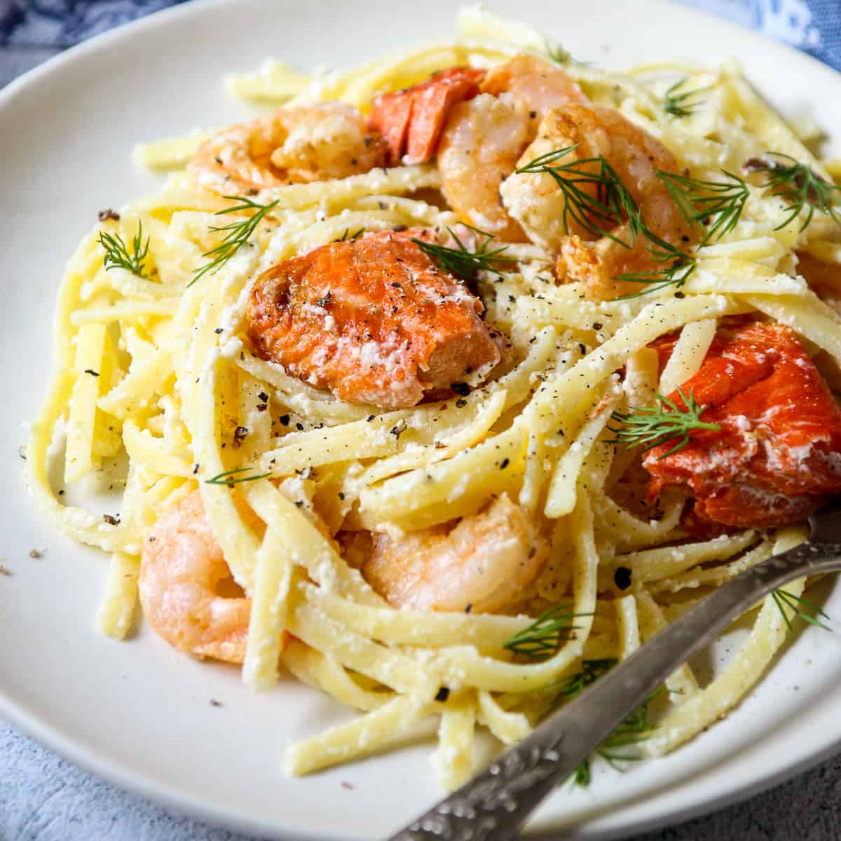 Shrimp and salmon alfredo pasta on a white plate.