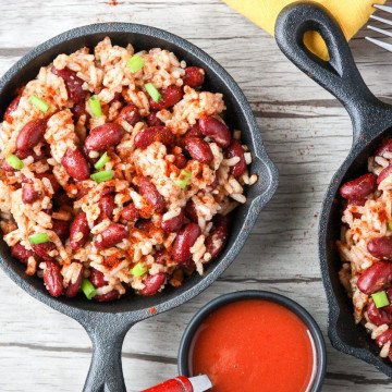 A pan of rice and beans on a table